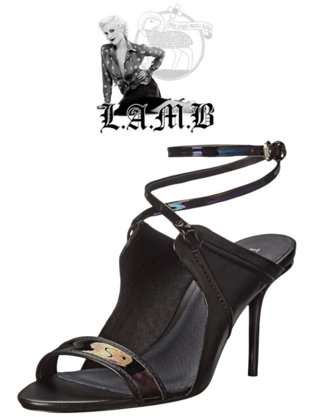 L.A.M.B. Gwen Stefani Black Genuine Leather Bambi Sandal Heels Sz 6,5 NEW IN BOX